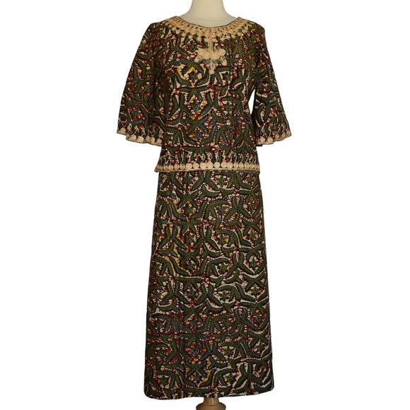 Vintage 70s Embroidered Batik Blouse & Wrap Skirt Set, Two Piece Ensemble, XS S - Picture 4 of 10